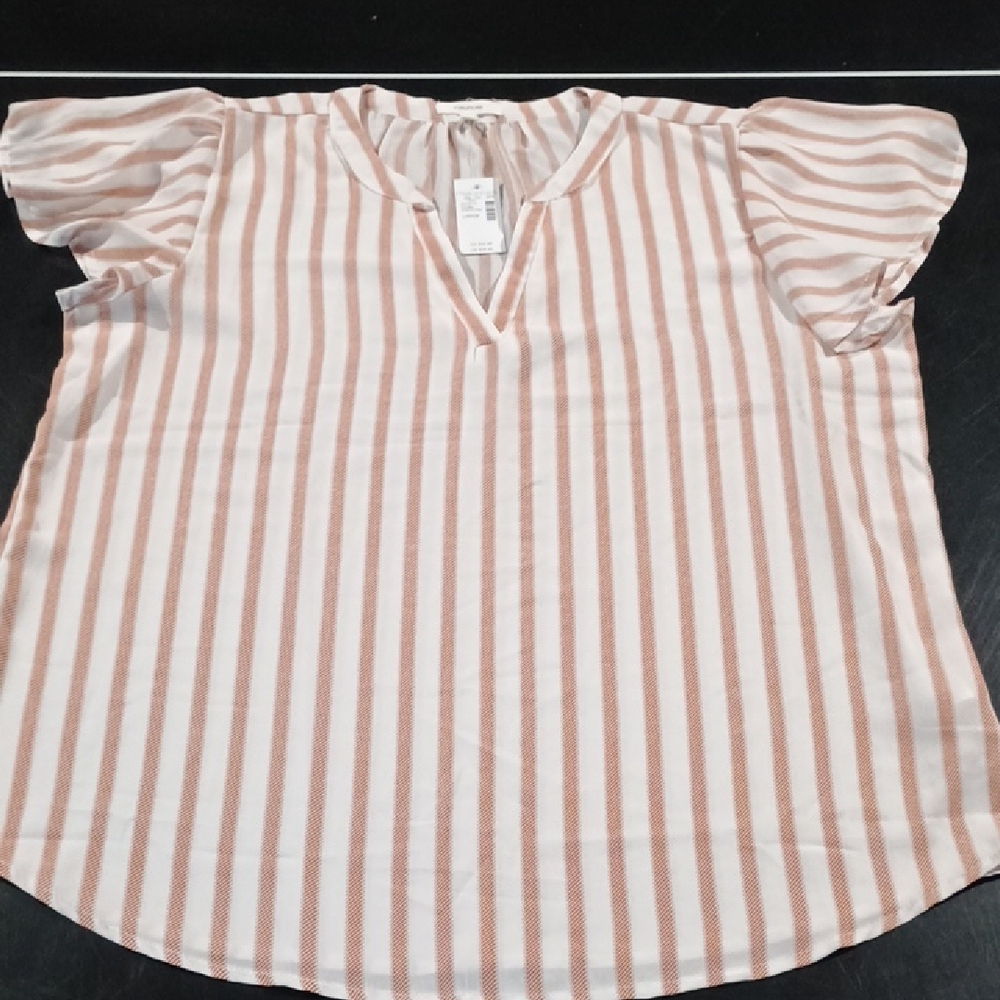 Maurices White and Tan Striped V-Neck Blouse